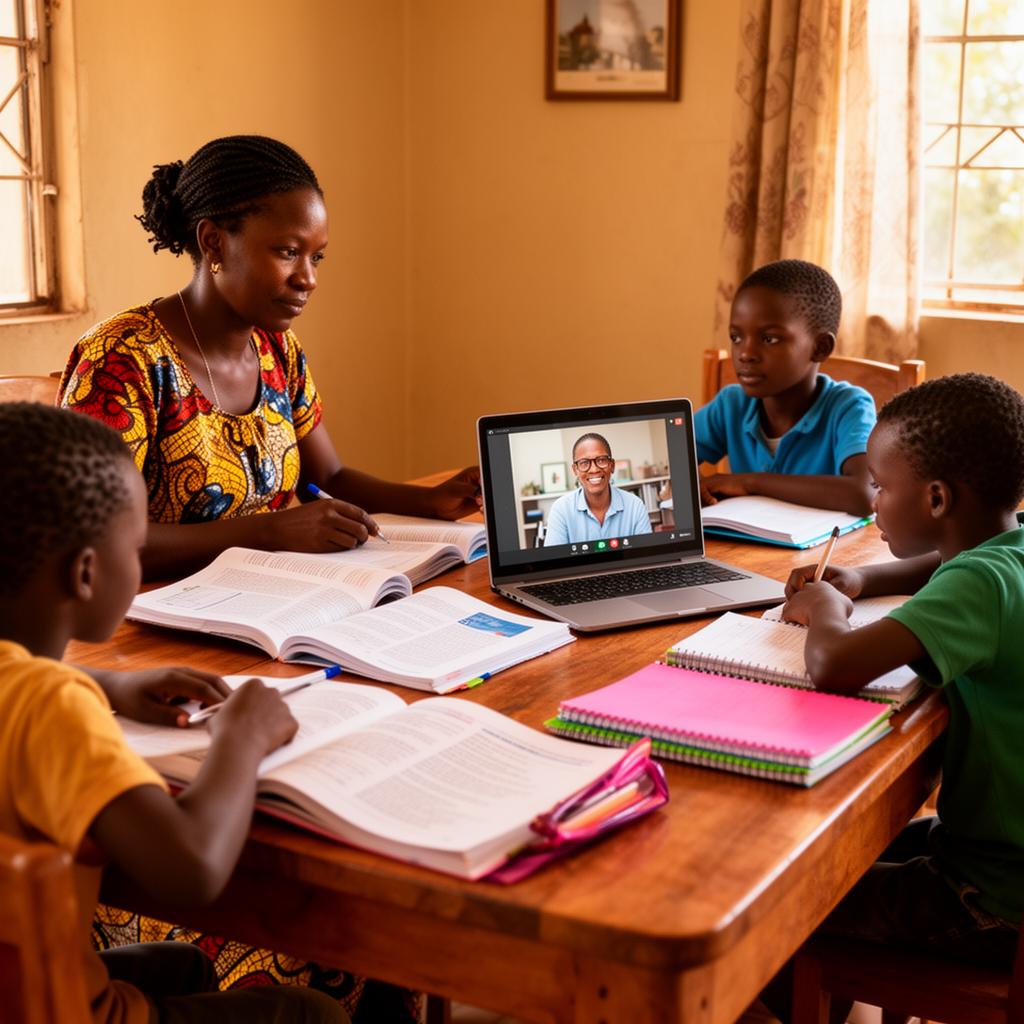 A Kenyan mother and her children learning at home with a teacher on a video call